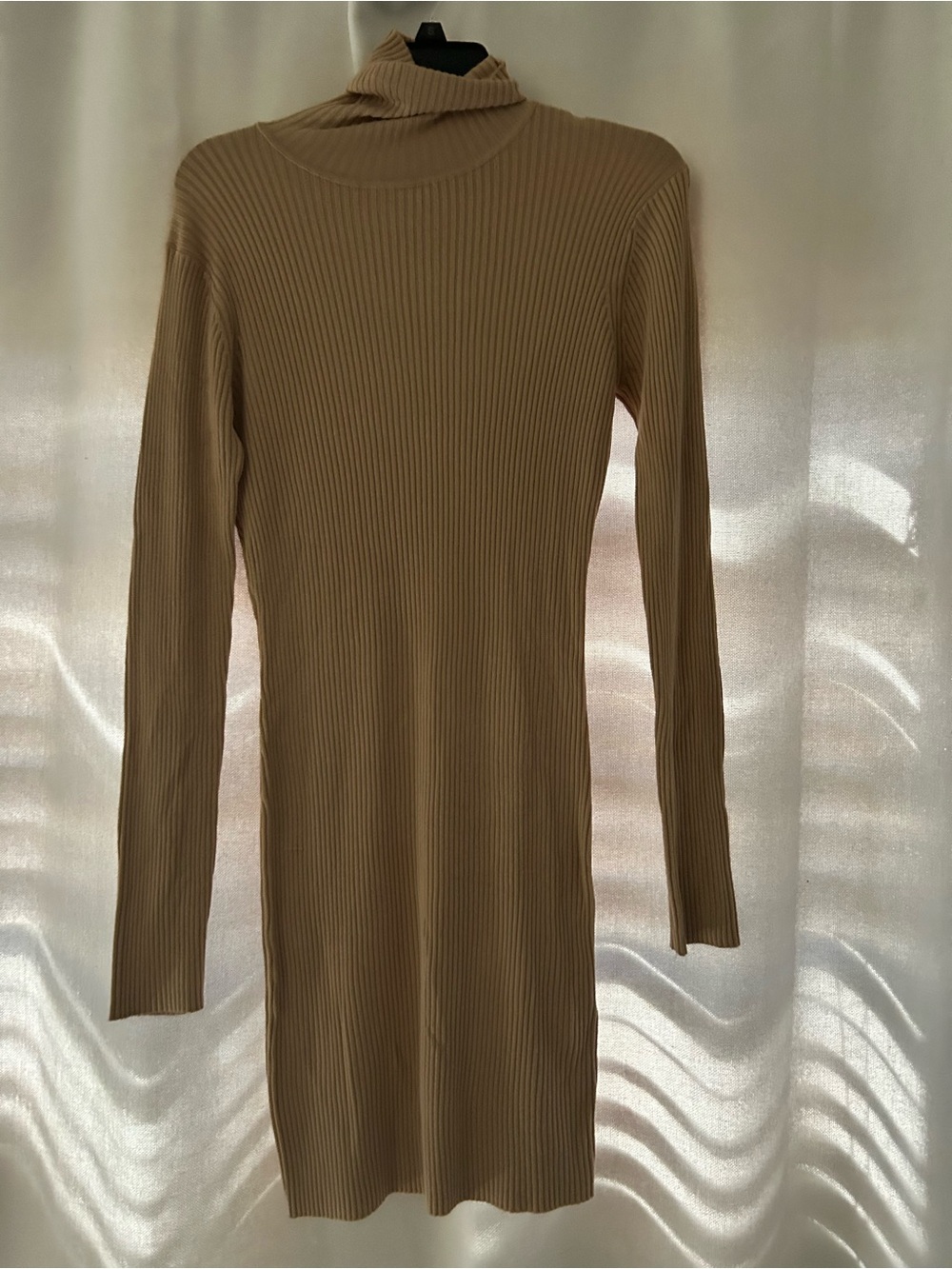 Nasty Gal Ribbed Turtleneck Long Sleeve Dress in Camel